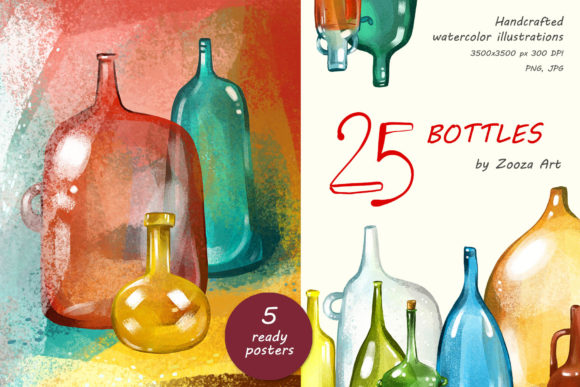 25 Bottles Watercolor Illustrations: Versatile Design Assets