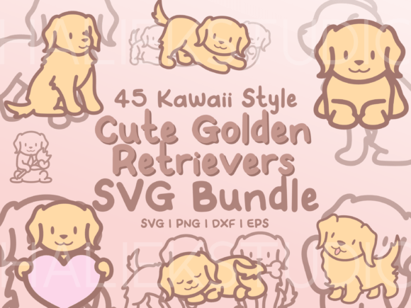 Adorable Golden Retrievers SVG: 45 Kawaii Dog Illustrations