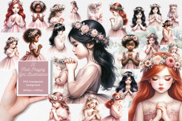Watercolor Praying Girls Illustrations for Serene Design